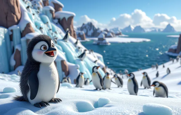 Snow, mountains, nature, the ocean, penguins