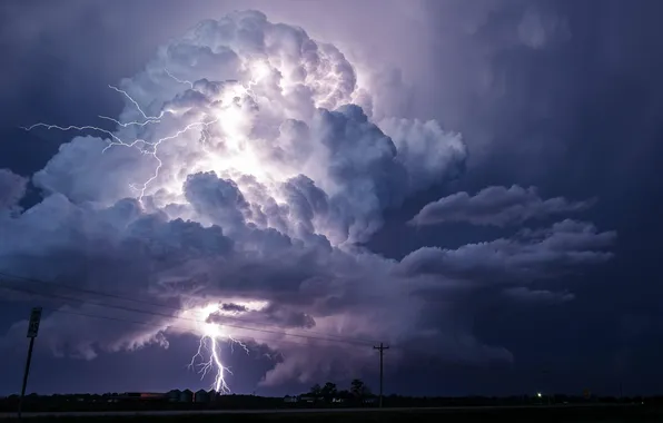 The sky, landscape, night, clouds, nature, lights, lightning, twilight