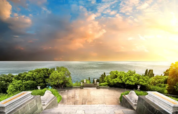 Sea, greens, the sky, grass, the sun, clouds, trees, coast