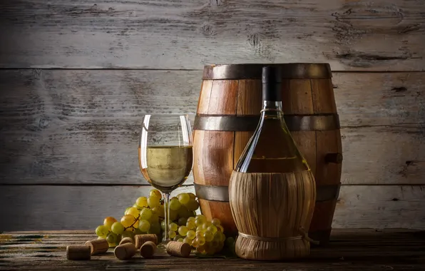 Wine, white, glass, bottle, grapes, tube, bunches, barrel