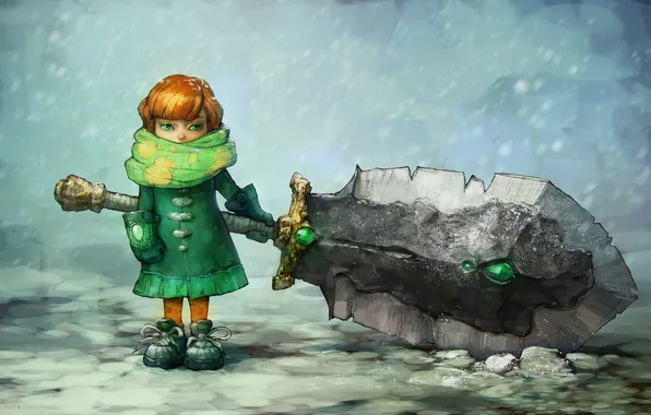 Winter, snow, sword, scarf, Girl, gloves