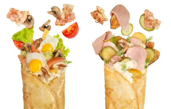 Mushrooms, egg, cucumber, pancakes, bacon, filling, ham