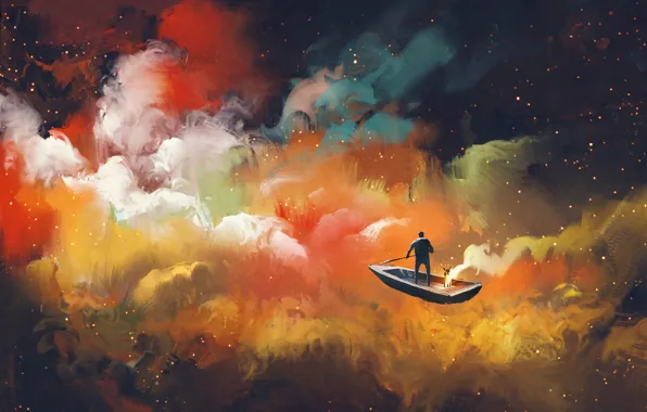 Picture colors, clouds, boat, rowing