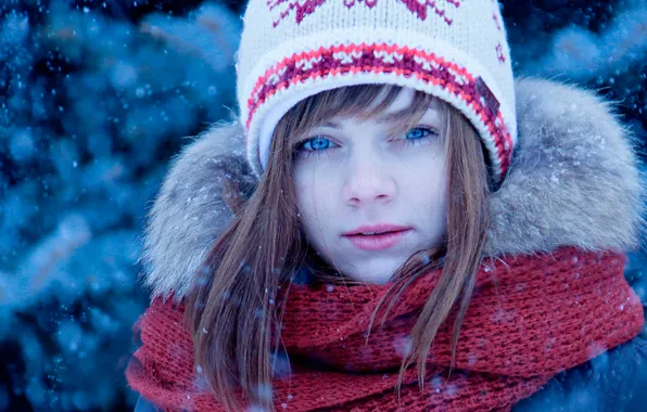 Picture winter, snow, hat, portrait, scarf, girl