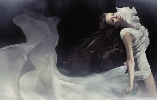 Girl, model, brunette, white dress, long hair