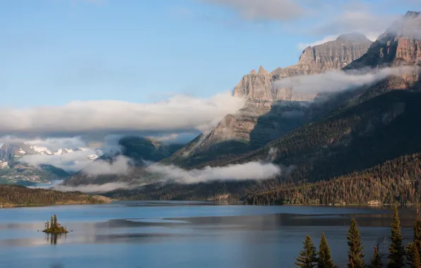 Forest, mountains, fog, lake, rocks, shore, the slopes, tops