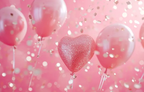 Balloons, heart, pink background, Valentine's Day, AI art, neural network