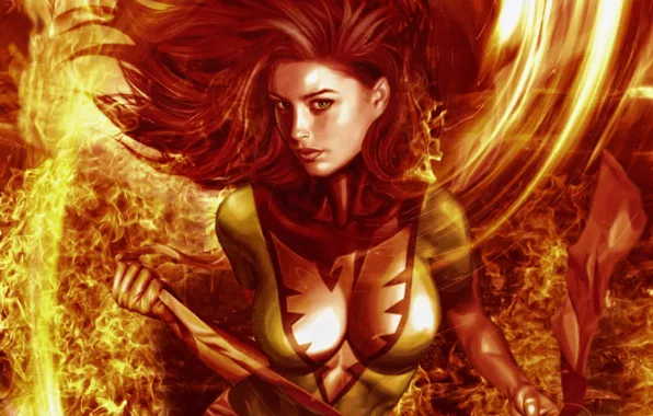 Look, girl, fire, costume, Phoenix, phoenix, x-men, Jean Grey