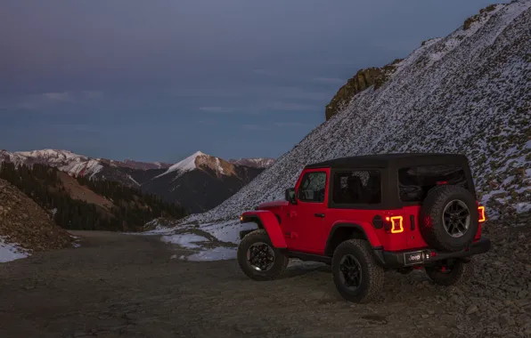 Picture snow, red, 2018, Jeep, mountain pass, Wrangler Rubicon