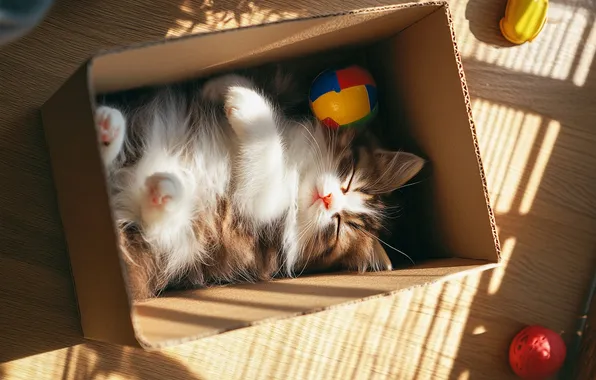 Cat, light, pose, strip, kitty, room, box, toys