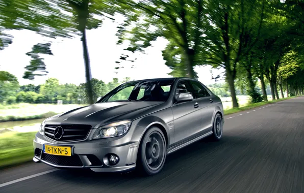 Road, car, auto, sedan, Mercedes, in motion, mercedes c63 amg