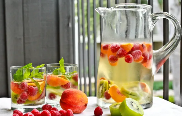 Picture glass, drink, pitcher, fruit, mint