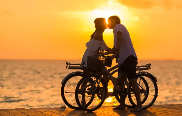 Love, sunset, bike, kiss, pair