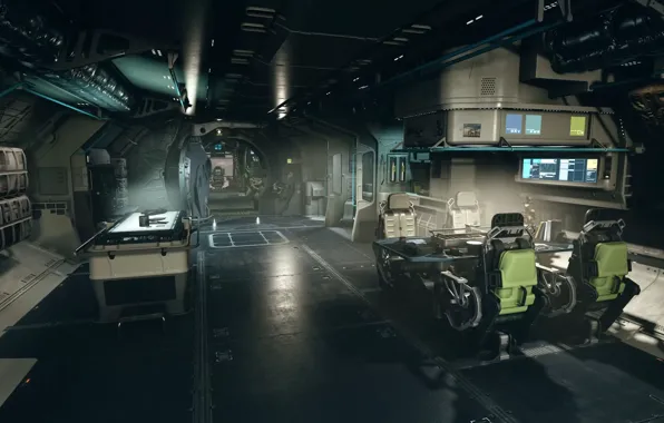 Table, ship, interior, chair, devices, starfield, compartment