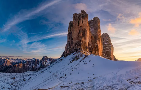 Winter, the sky, the sun, snow, sunset, mountains, rocks, Italy