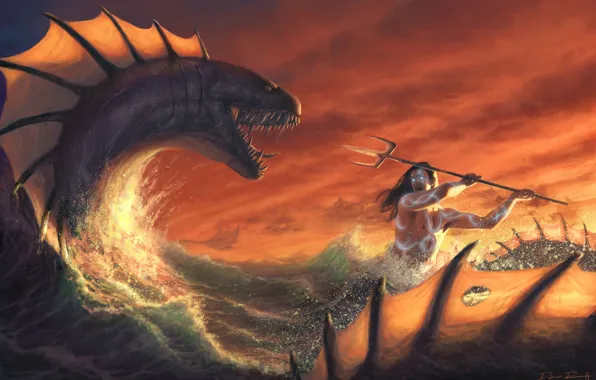 Picture fantasy, art, snakes, battle, Triton