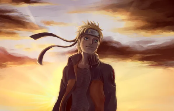Clouds, sunset, art, guy, Naruto, bandana