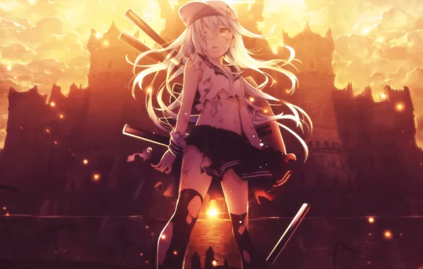 Castle, dawn, lights, girl, cap, fortress, art, torn clothes
