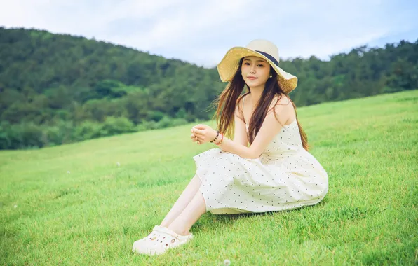 Grass, Beautiful, Asian, Model, Smile, Woman, Hat, Cute