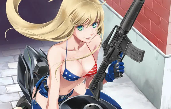 Girl, anime, art, machine gun