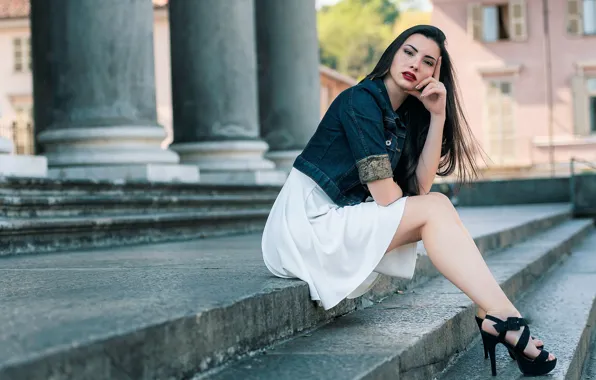Picture look, girl, the city, pose, photo, dress, steps, beauty