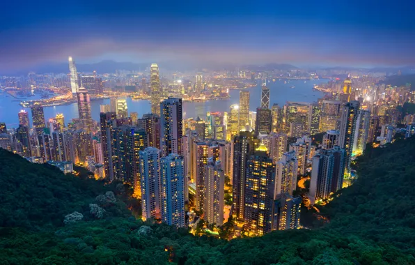 Hong Kong, Night, River, Skyscrapers, China, City