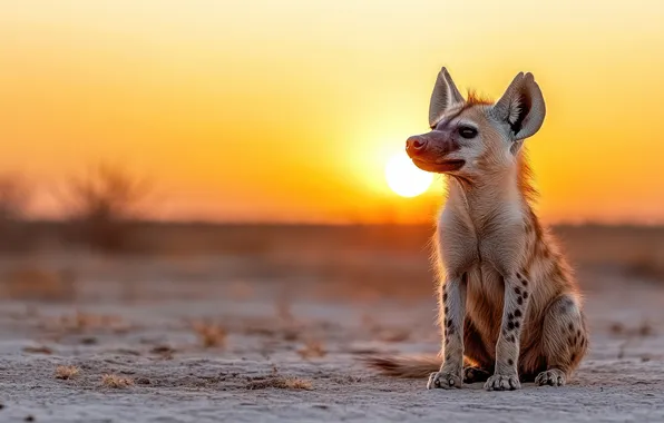 Field, the sky, look, the sun, sunset, puppy, hyena, face