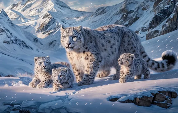 Snow, mountains, kittens, IRBIS, snow leopard