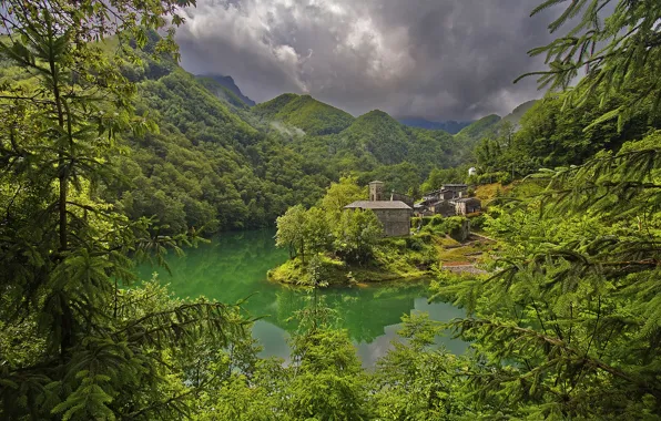 Picture trees, mountains, lake, island, home, Italy, Tuscany