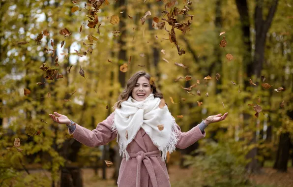 Picture autumn, forest, leaves, smile, Alina, coat, bokeh, Kirill Sokolov