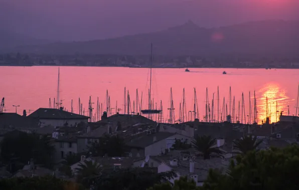 Roof, sea, sunset, mountains, home