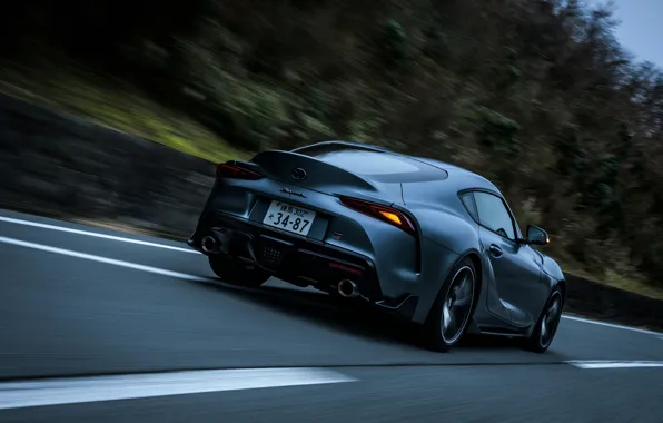 Picture road, trees, movement, coupe, Toyota, roadside, Supra, the fifth generation