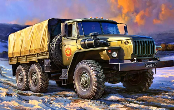 Winter, snow, four-wheel drive, side, terrain, Ural-4320, truck, USSR/Russia