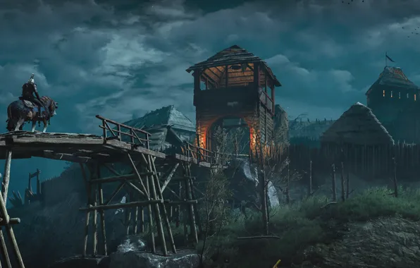 Picture bridge, village, fortress, Geralt, The Witcher 3: Wild Hunt, The Witcher 3: Wild Hunt, roach