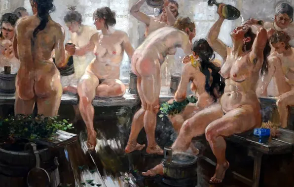 Picture, Women, Naked, Naked, Alexander Gerasimov, Aleksandr Gerasimov, Village bath, Russian Soviet painter