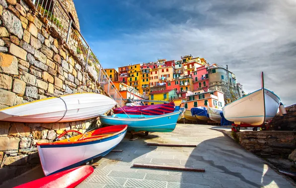 Picture the sky, clouds, boat, home, Italy, Cinque Terre