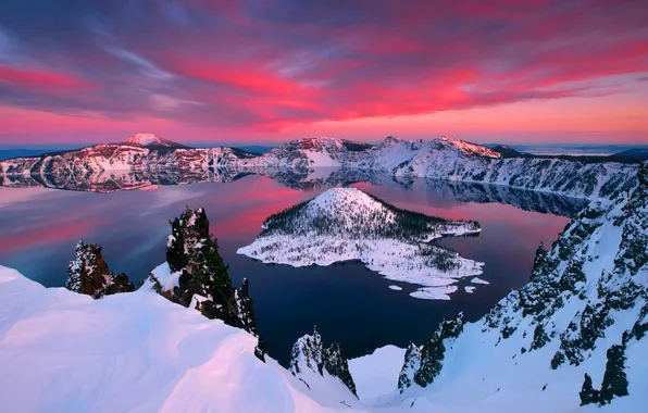 Picture the sky, clouds, snow, sunset, mountains, lake, island, glow