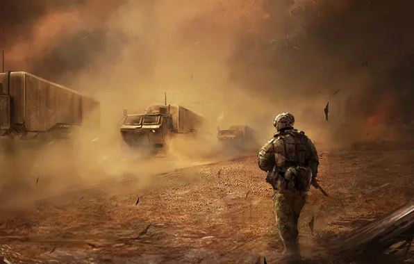 Machine, war, desert, storm, soldiers, Truck, war