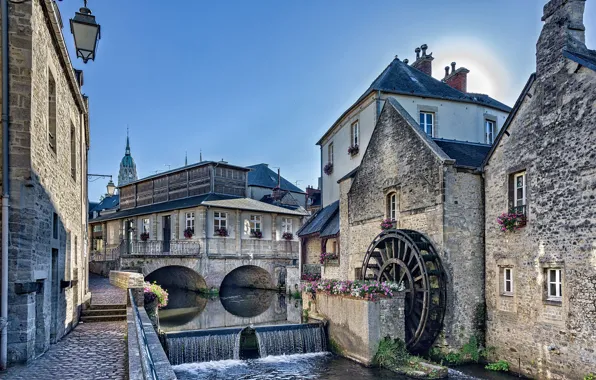 Flowers, river, France, building, home, cascade, promenade, water mill