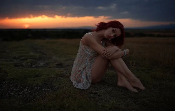 Picture girl, sunset, nature, pose, barefoot, makeup, dress, red