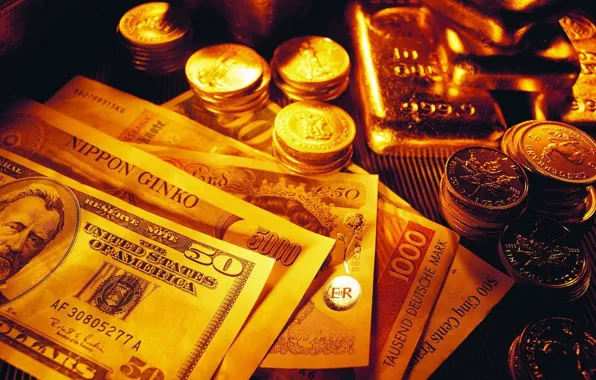 Gold, money, coins, dollars, bars