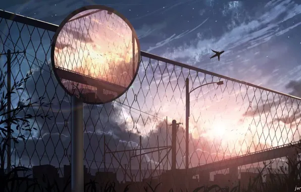 The sky, sunset, the city, the plane, the fence, road mirror
