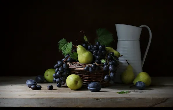 Style, background, grapes, pitcher, fruit, still life, basket, plum