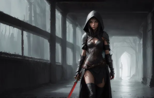 Girl, fantasy, art, fantasy art, hood, cape, corridor, fantasy girl