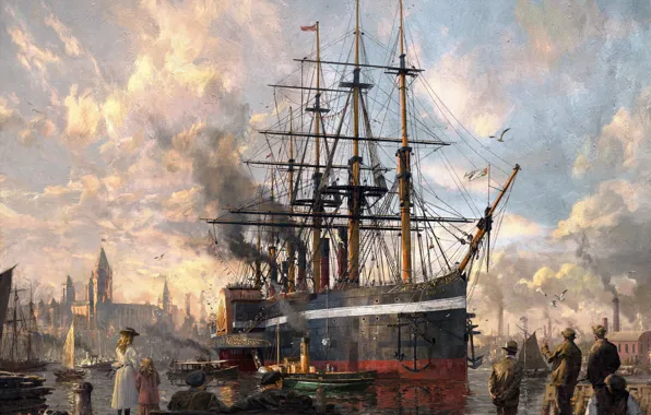 Picture Pier, The city, The game, People, Ship, The ship, Painting, Illustration