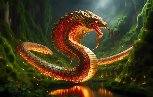 Lights, reflection, hills, dragon, snake, fantasy, Christmas, mouth