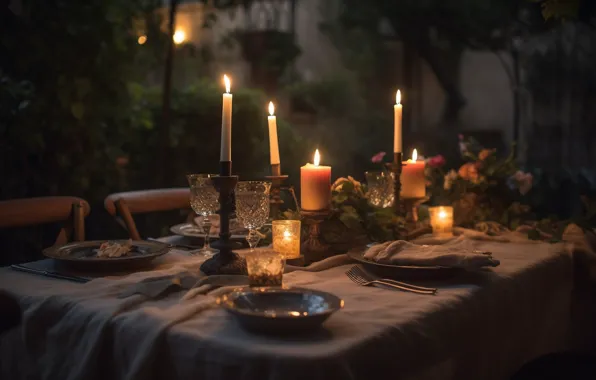 Table, the evening, candles, glasses, dishes, AI art, neural network