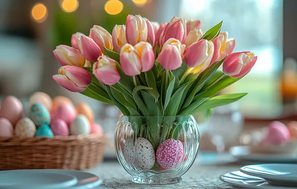 Glass, flowers, table, holiday, eggs, bouquet, spring, Easter