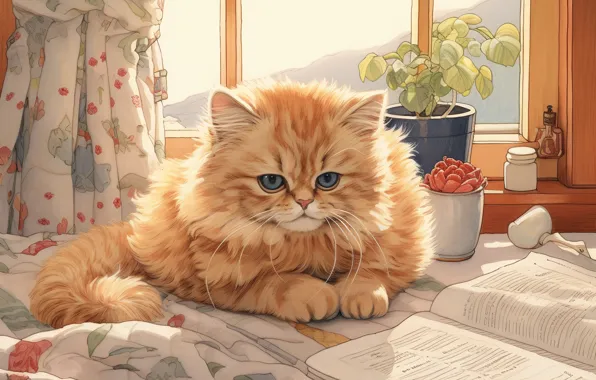 Cat, look, kitty, room, figure, window, red, bed