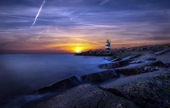 Sea, sunset, shore, lighthouse